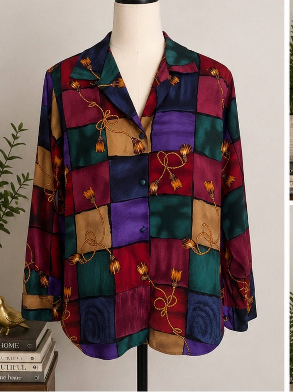 Vintage Le Caviar Abstract Patchwork Blouse Petite S Colorblock Button Front Top
